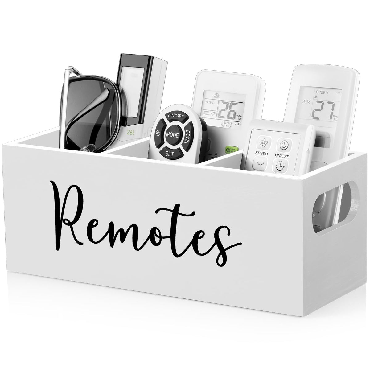 DRASTAR Remote Control Holder, Wood TV Remote Holder, Remote Storage Caddy, Remote Control Organizer (White, 2 Slots)