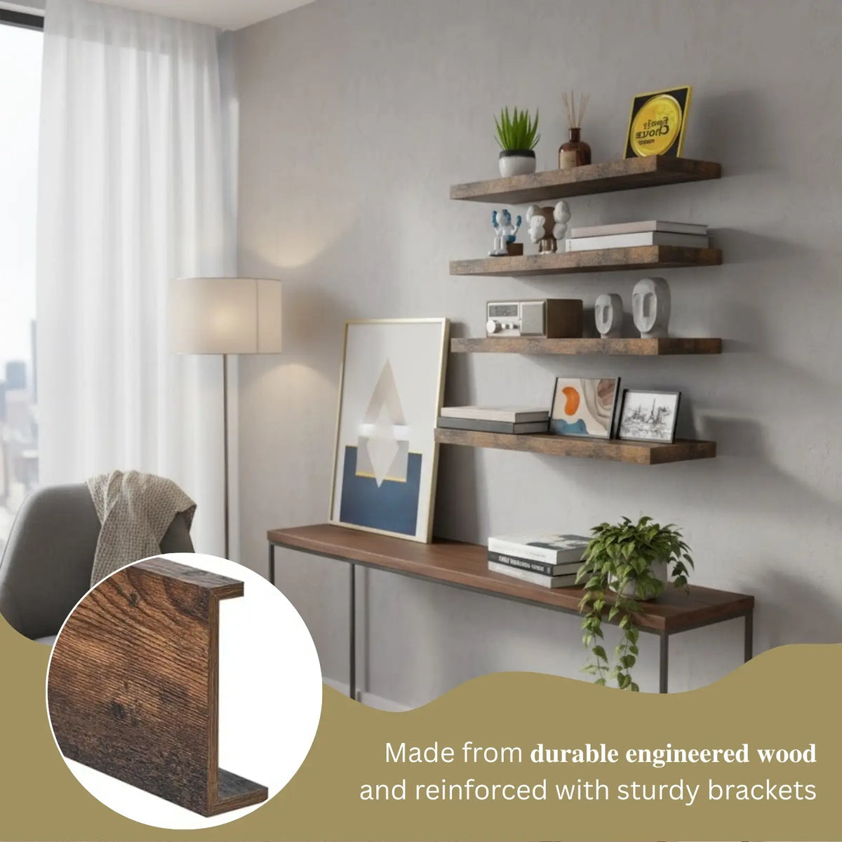 4-Shelf Cohesive Set Rustic Floating Wall Shelves - Storage Organization Solution for Bedroom, Kitchen, Living Room Decor, Multi-Use for Bathroom Over Toilet