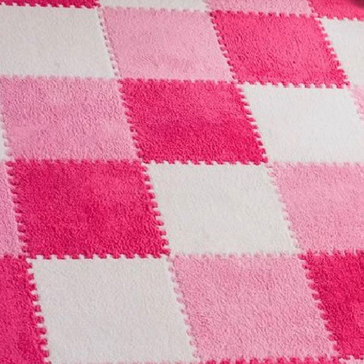 12pcs Plush Puzzle Foam Floor Mat, Soft Thicken Fluffy Interlocking Square Foam Tiles Area Rugs Carpet for Parlor Bedroom Decoration(11.8x11.8x0.55in,Rose Red&Pink)