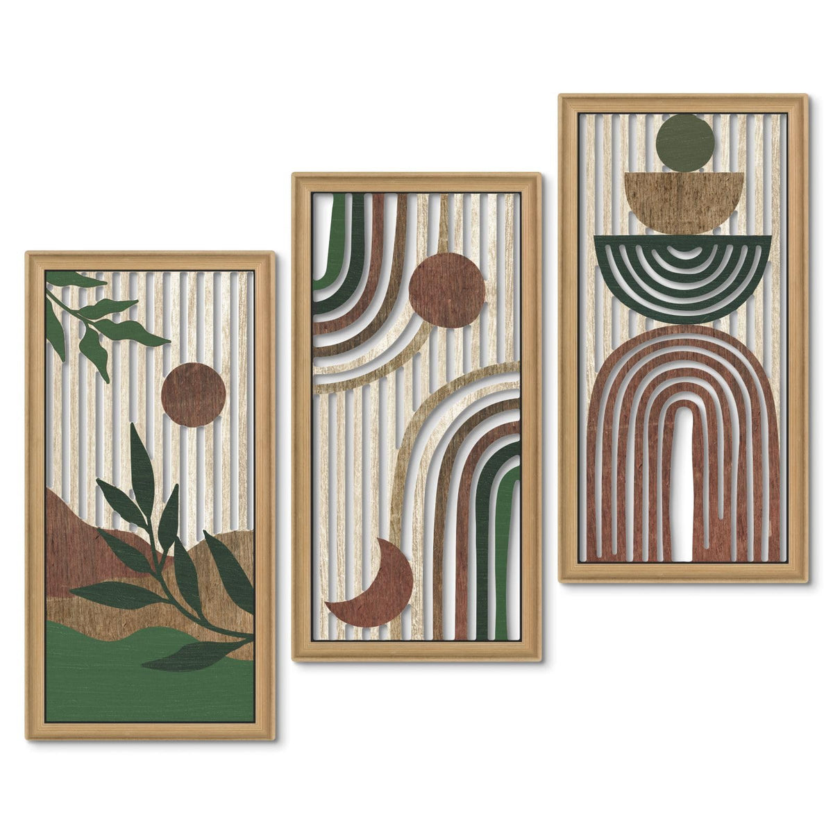 Putuo Decor Boho Abstract Wall Art, Set of 3, Modern Botanical Wooden Wall Decor, Blue Mid-Century Minimalist Framed Artwork for Living Room Bedroom, Office