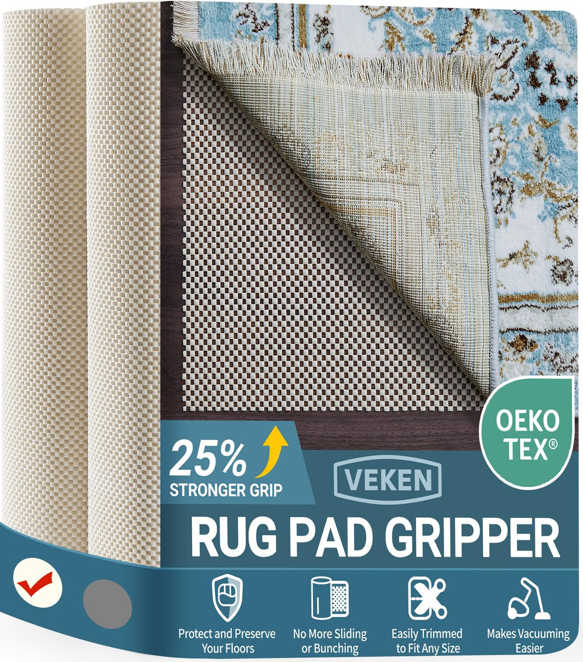 Veken Non Slip Rug Pad Gripper 8 x 10 Feet Extra Thick Pads for Any Hard Surface Floors, Keep Your Rugs Safe and in Place, Under Carpet Mat, with More Than 99 Pieces Anti-Slip Solid Square Pattern