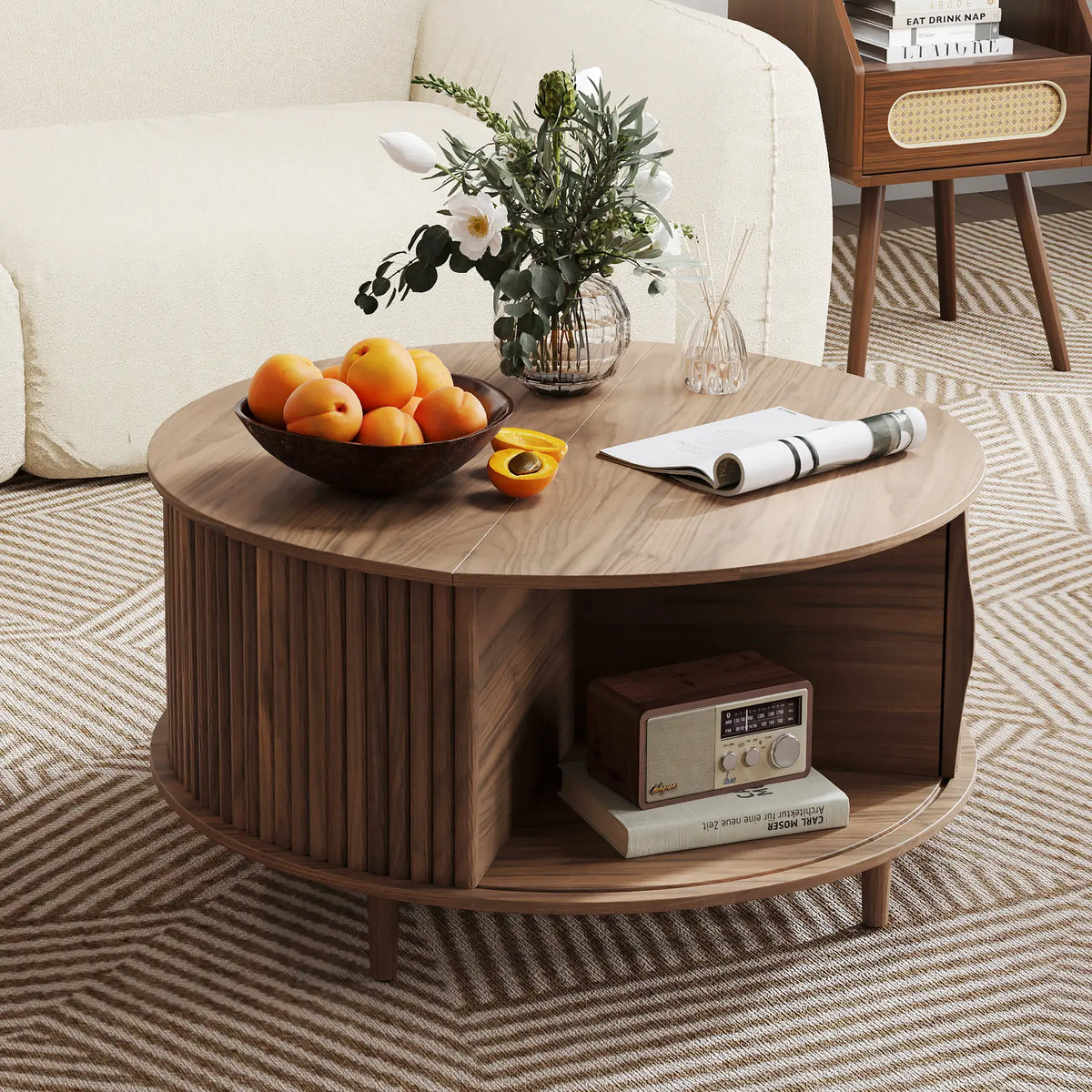 Mid-Century Modern Coffee Table with Storage - 31.5" Walnut Sliding Door Center Table for Small Spaces,dorm essentials,home decor