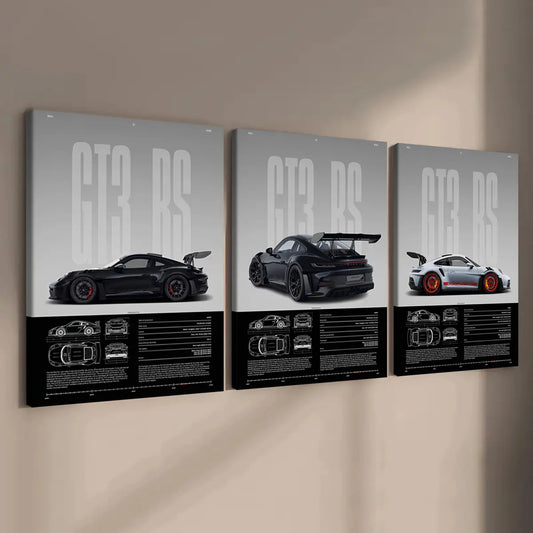 3 Counts Wooden Framed Canvas, Porsche GT3 RS Series Poster, Exquisite Fashion Poster, Modern Art, Abstract Design, Modern Minimalist Design Wall Art for Living Room, Waterproof Artwork, Ideal Gift for Family