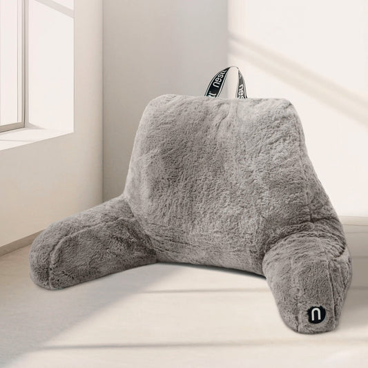 NESTL Faux Fur Reading Pillow with Arms - Soft Memory Foam Padded Backrest, Adult Support Pillow, Bed Back Rests for Sitting Up in Bed, Pillows