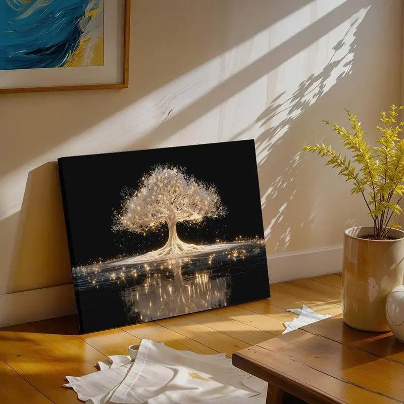 Wooden Framed Tree of Life Canvas Painting, Modern Abstract Wall Art, Golden Luminous Tree Design, Living Room, Bedroom, Corridor Decor, Easy to Hang, Luxury Decor, Spiritual Art, Meditation Decor, Housewarming Gift, Contemporary Art