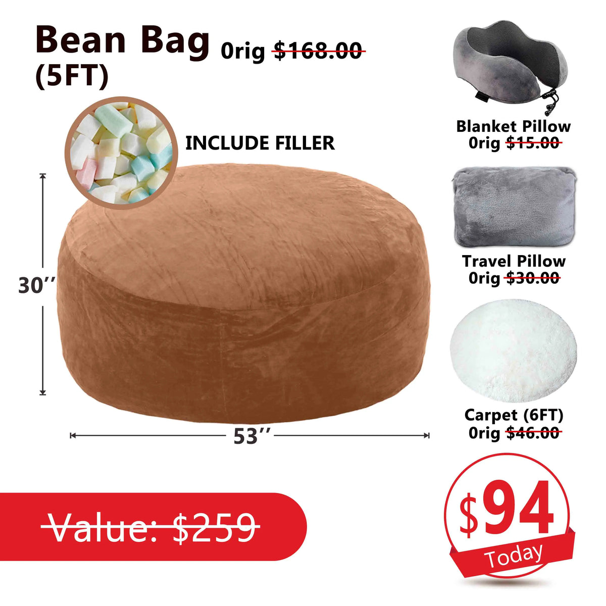 3FT/4FT/7FT No Gift, 5FT/Jumbo with 3 Gifts Bean Bag (with Filler) Lazy sofa Beanbag Chairs For Adults Ship Free High-Rebound Memory Foam Filling Furniture Flannel Cover Removable Modern Upholstered Sofa