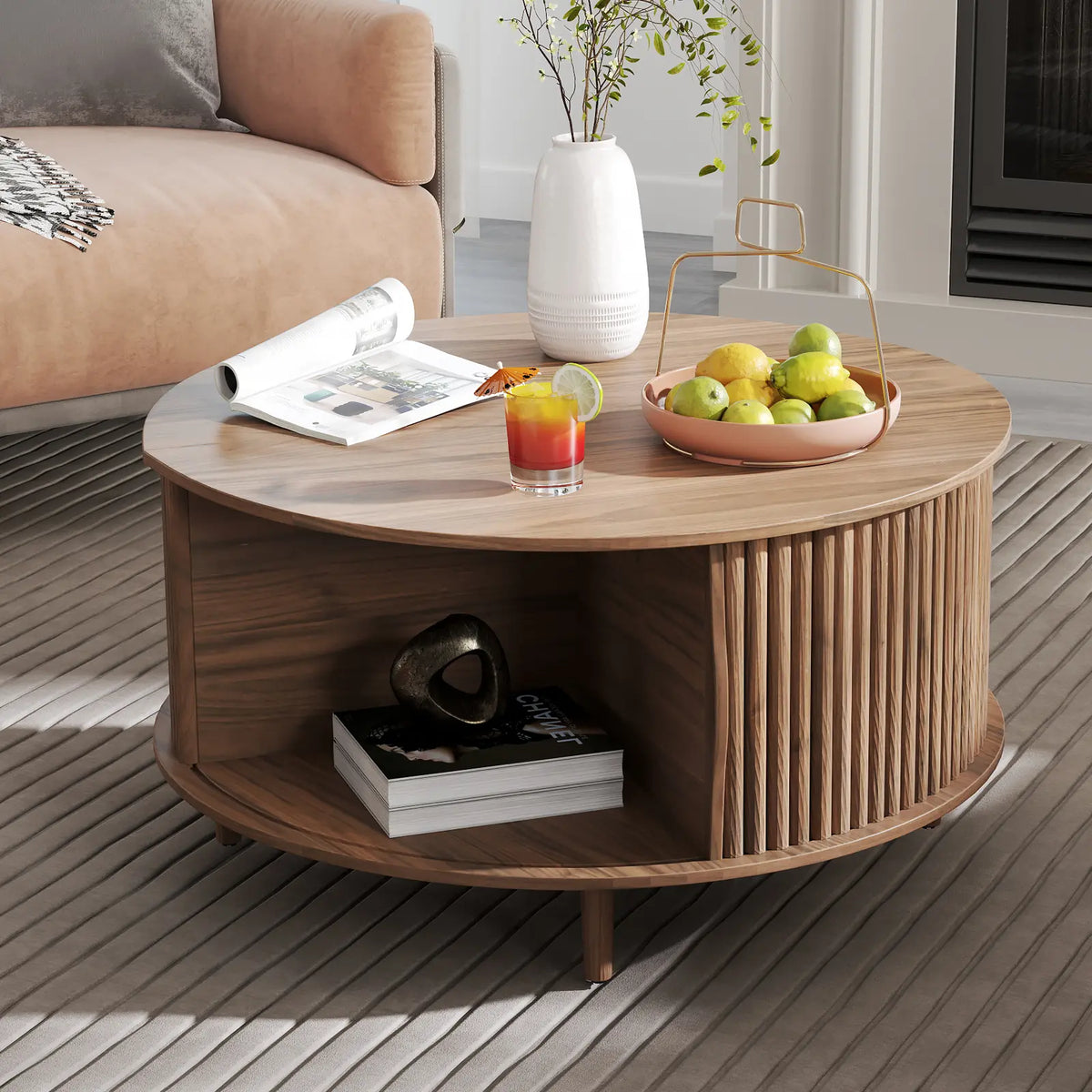 Mid-Century Modern Coffee Table with Storage - 31.5" Walnut Sliding Door Center Table for Small Spaces,dorm essentials,home decor