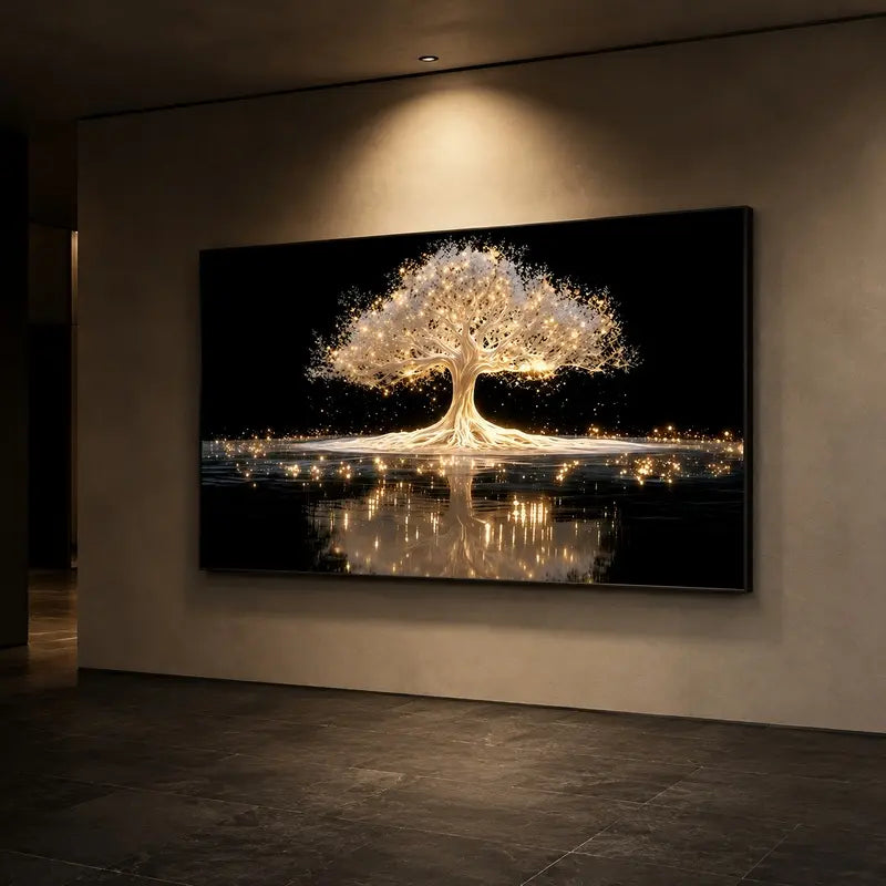 Wooden Framed Tree of Life Canvas Painting, Modern Abstract Wall Art, Golden Luminous Tree Design, Living Room, Bedroom, Corridor Decor, Easy to Hang, Luxury Decor, Spiritual Art, Meditation Decor, Housewarming Gift, Contemporary Art