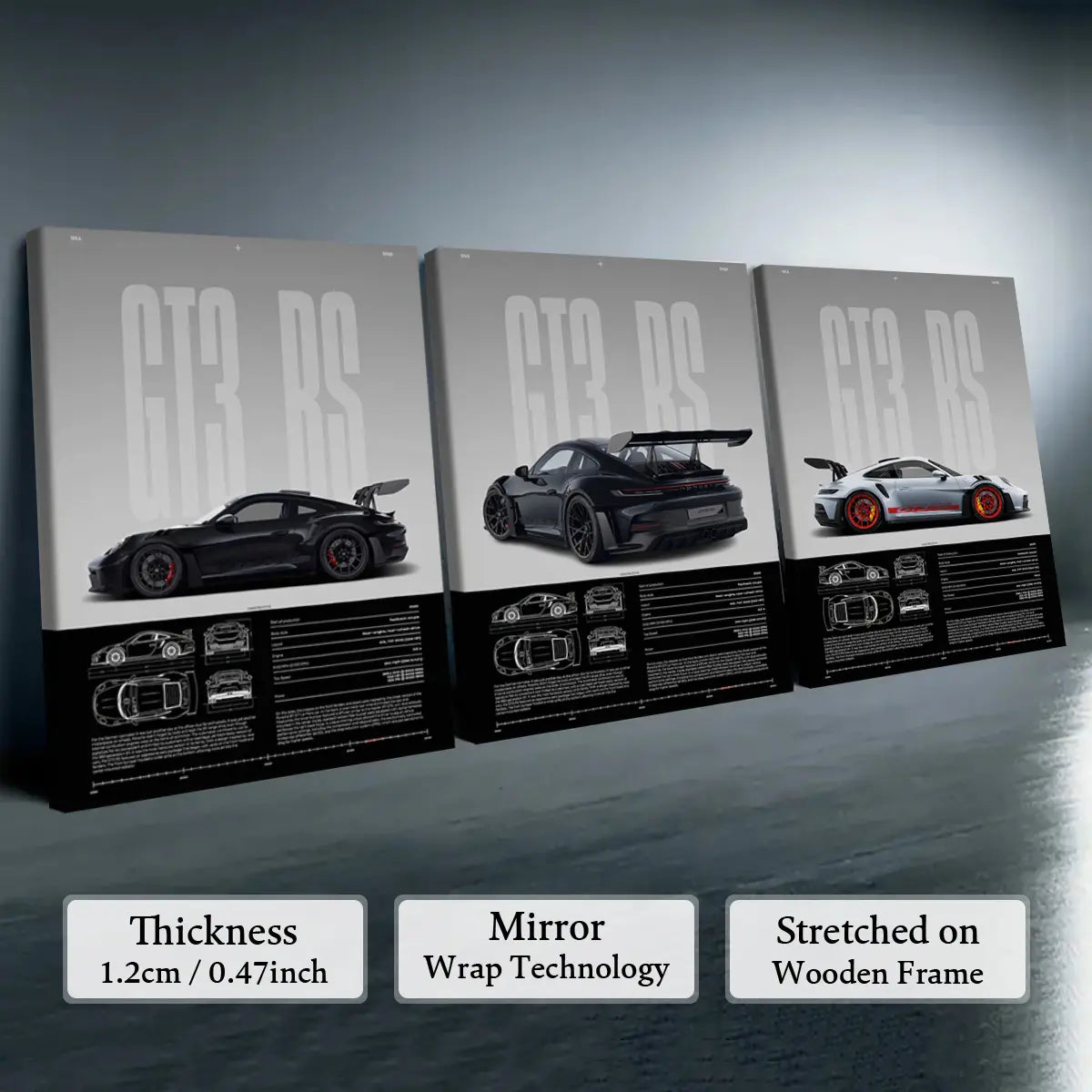 3 Counts Wooden Framed Canvas, Porsche GT3 RS Series Poster, Exquisite Fashion Poster, Modern Art, Abstract Design, Modern Minimalist Design Wall Art for Living Room, Waterproof Artwork, Ideal Gift for Family