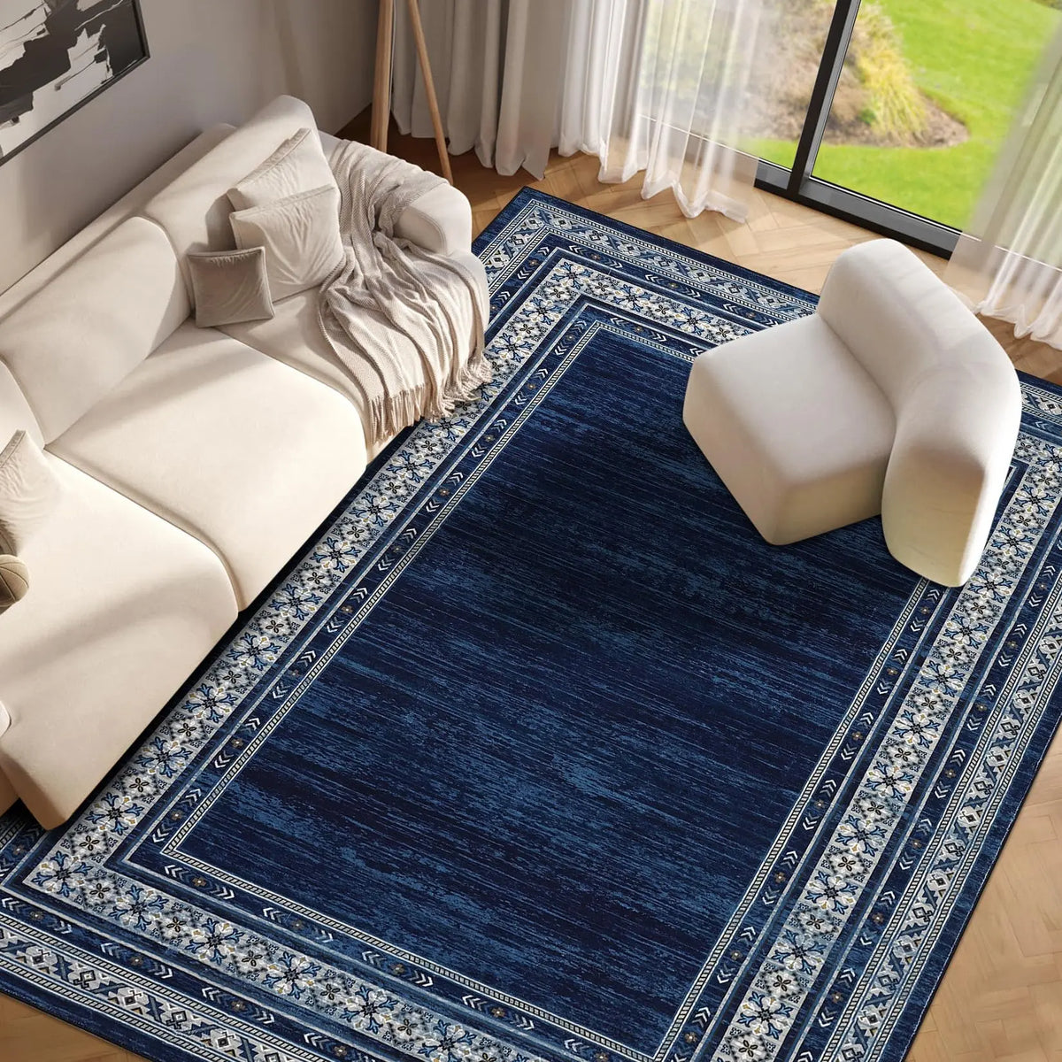 Washable Area Rug  Modern Distressed Geometric Bordered Carpet Ultra Thin Low Pile Non Slip Non Shedding Soft Floor Cover Mat for Living Room Bedroom Dining Room