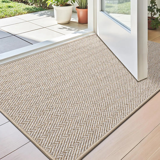 LUMI Ultra-Thin Non-Slip Low-Profile Indoor Door Mat, Herringbone Style House Decor Rug, Washable Apartment Accessories for Entrance, Patio, Aesthetic Home Decor Patio-Ready Mat
