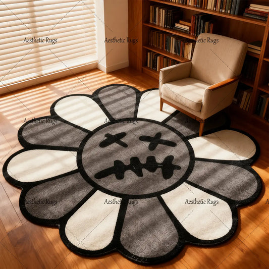 Round Floral Bedroom Rug, Vintage Flower Mat, Flower Pattern, Soft Comfortable Plush Rug, Hand-Wash Only
