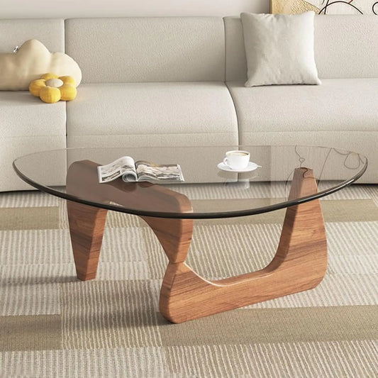 Mid-Century Modern Triangle Coffee Table - Walnut Solid Wood Pedestal, Transparent Flat-Top Glass, 36x25.6x16in Low Profile Minimalist Tea Table, Corner Expandable Living Room Decor Furniture for Room