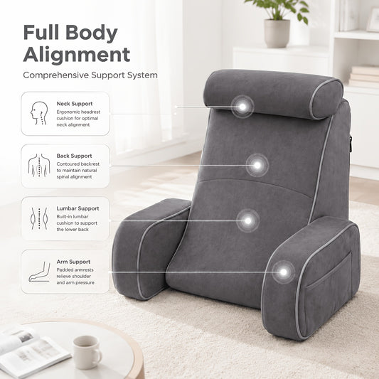 Adult Reading Pillow for Sitting In Bed Backrest Cushion with Armrests And Removable Neck Support Bolster High Density Sponge Filling Washable Fabric Cover Side Storage Pockets for Laptop Working TV Watching 19x18in Gray Blue Two Colors Available