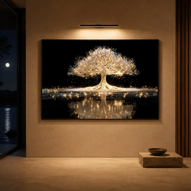 Wooden Framed Tree of Life Canvas Painting, Modern Abstract Wall Art, Golden Luminous Tree Design, Living Room, Bedroom, Corridor Decor, Easy to Hang, Luxury Decor, Spiritual Art, Meditation Decor, Housewarming Gift, Contemporary Art