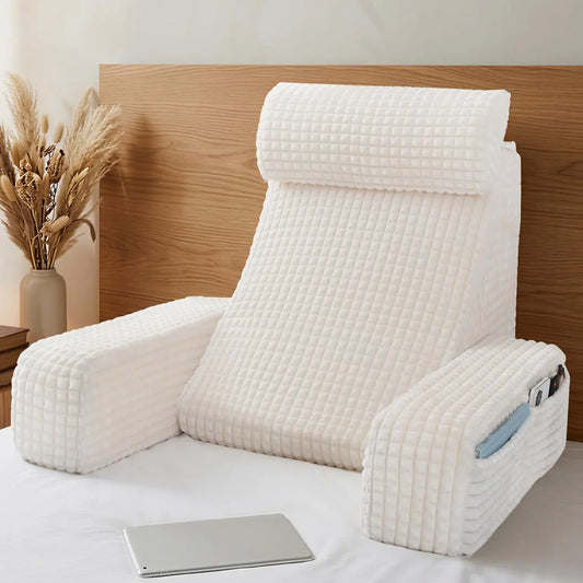 Back Pillow for Bed Sitting Up ,Memory Foam Reading pillow  Backrest Support Pillow with Build-in Arms & XL Pockets,Rest Chair for Reading,Gaming,Relaxing,Working or Watching TV in Bed/Floor