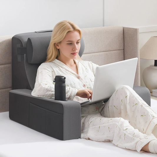 Curved Supportive Backrest Pillow with Arms - Bed Back Rests for Sitting Up in Bed, Built-in Cup Holder, Side Pockets, Skin-Friendly Soft Filling for Reading, Gaming on Floor, Cup Holder Ready