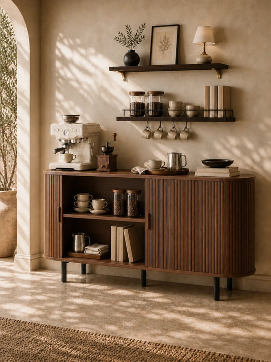 【Sliding Doors Design】ONBRILL 40/55/63" Gorgeous Fluted Buffet Cabinet, Coner Coffee Bar With Storage,  Mid Century Modern Sideboard with Adjustable Shelf, Accent Wood Console Table for Kitchen Entryway Living Room Furniture【BackToSchool】