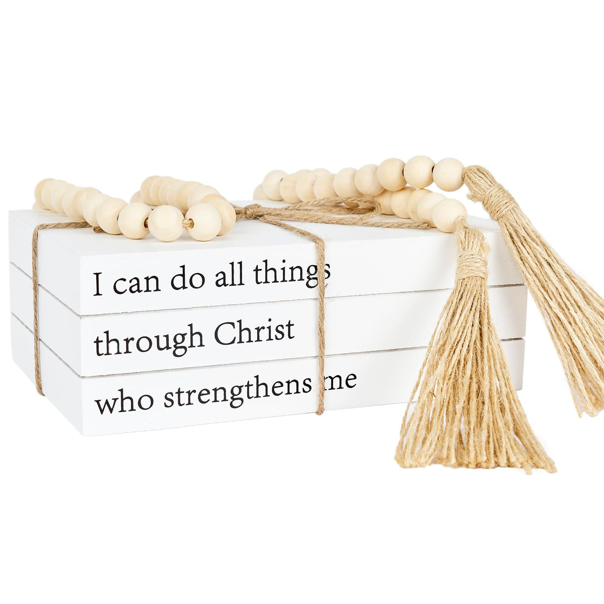 Decorative Books for Home Decor, White Faux Books for Decoration, Rustic Farmhouse Stacked Display Books with 52in Wood Bead Garland for Coffee Tables Living Room, (Home Sweet Home)