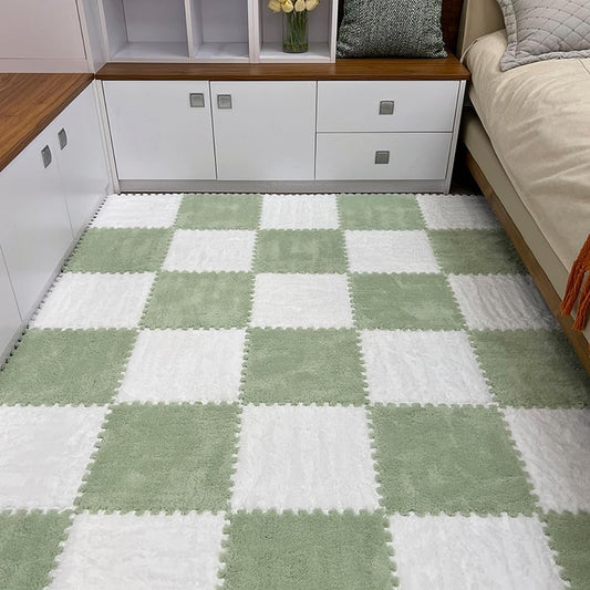 12pcs Carpet Squares Puzzle Floor Mat, Plush Interlocking Carpet Tiles, Anti Slip EVA Foam Jigsaw Floor Tiles, Build A Safe Area for Bedroom Playroom (Green+White)