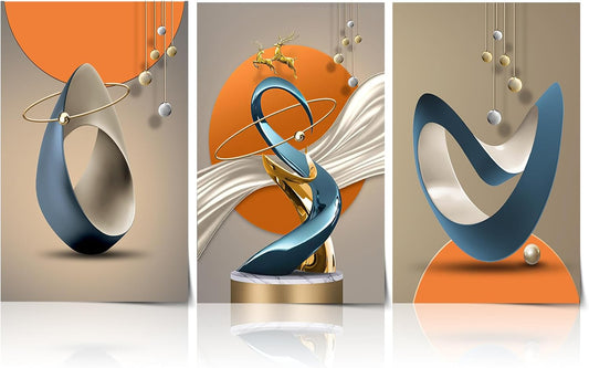 3 Pcs Modern Abstract Canvas Wall art Golden Deer Luxury Foil Lines Paintings Pictures Wall Decor White Blue orange color Grey posters Prints for Living Room Bedroom Office Home Decoration Unframed