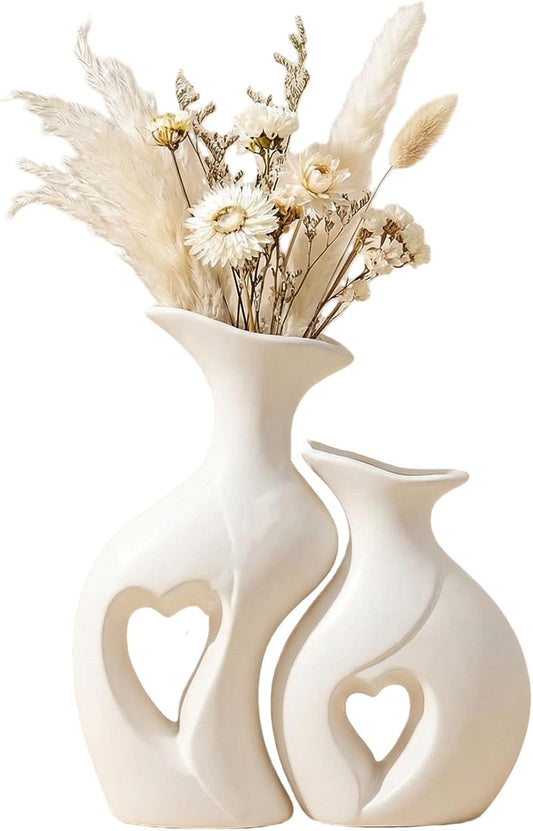 White Heart Vase Set of 2,Modern Vases for Home Console Table Decor for Living Room Coffee Table Fireplace Bookshelf Decorations（3.5" L x 4.4" W x 8.5" H）
