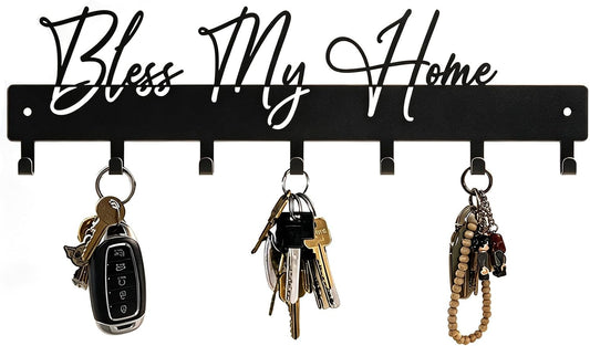 Exquisite Fashion Phrase Key Holder Wall Mount,Bless My Home Key Hooks for Wall Decoration,Black Metal Key Hanger with 7 Hooks for Entryway,Office,Living Room Decor