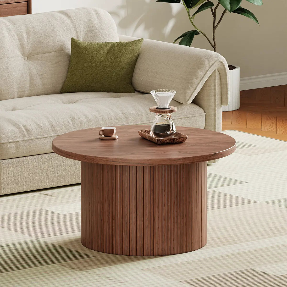 【BackToSchool】ONBRILL 31.5" Gorgeous Fluted Coffee Table, Round Mid Century Coffee Tables for Living Room, Cute Modern Wood Coffee Table, Drum Accent Small Center Table, Bedroom Furniture, Christmas Gift,dorm essentials,home decor
