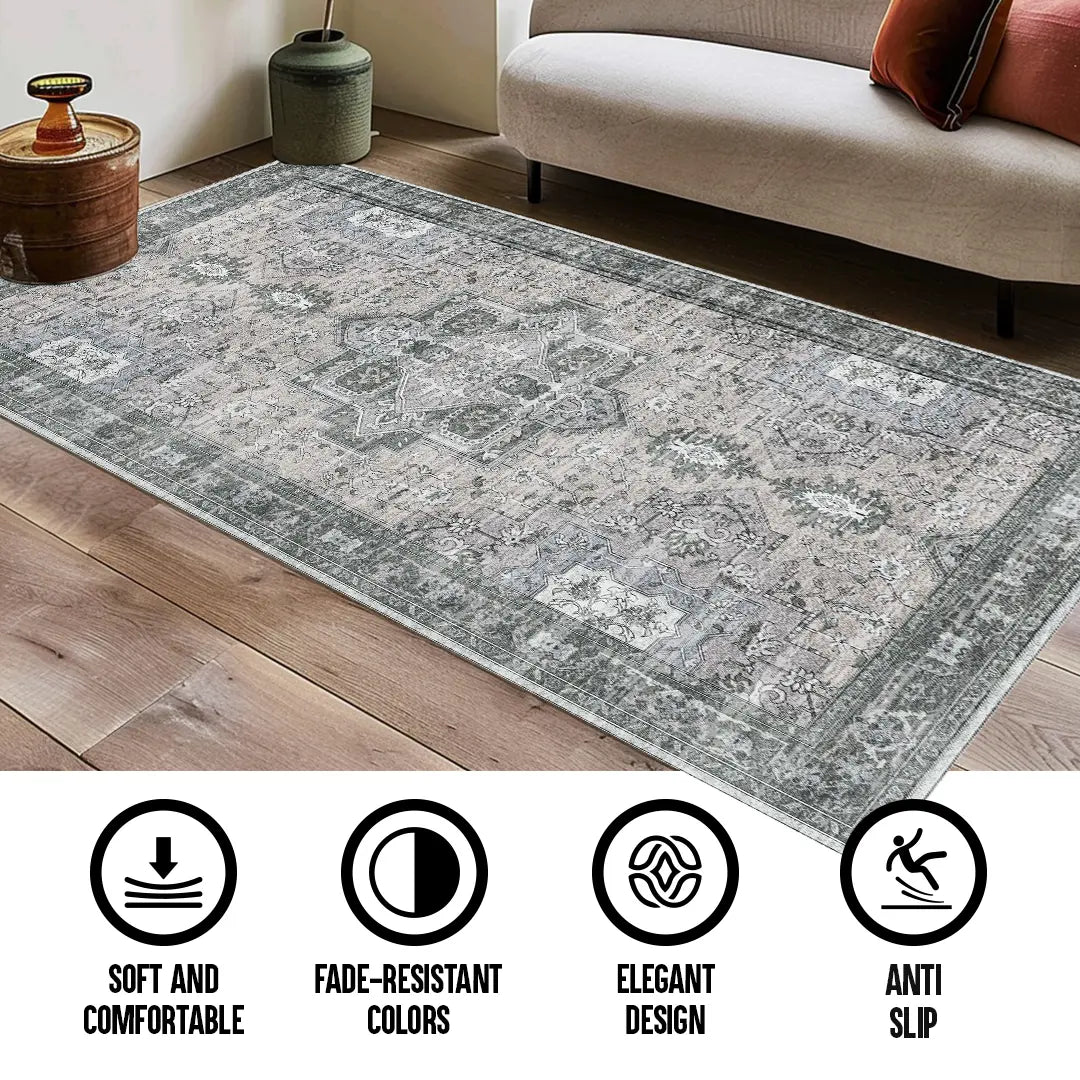 Muddy Mat Antique Washable Area Rugs for Living Room, Bedroom & Dining Room – Modern Soft Low Pile Non Slip Carpet – Pet Friendly Waterproof Foldable Rugs for Home