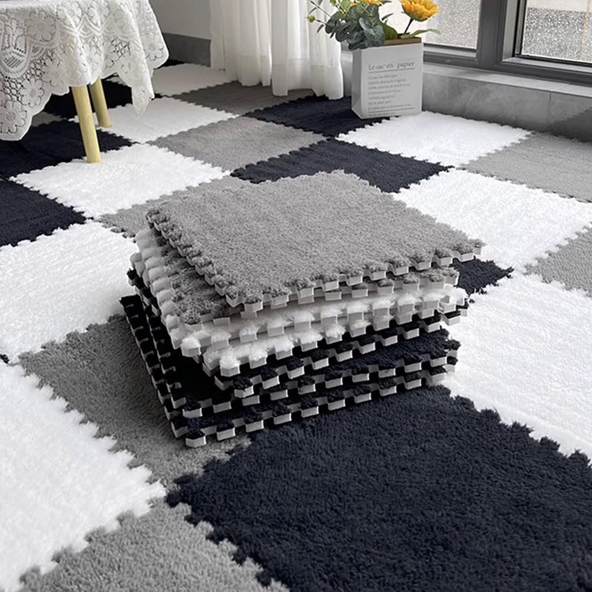 12pcs Plush Puzzle Foam Floor Mat, Soft Thicken Fluffy Interlocking Square Foam Tiles Area Rugs Carpet for Parlor Bedroom Decoration(11.8x11.8x0.55in,Rose Red&Pink)