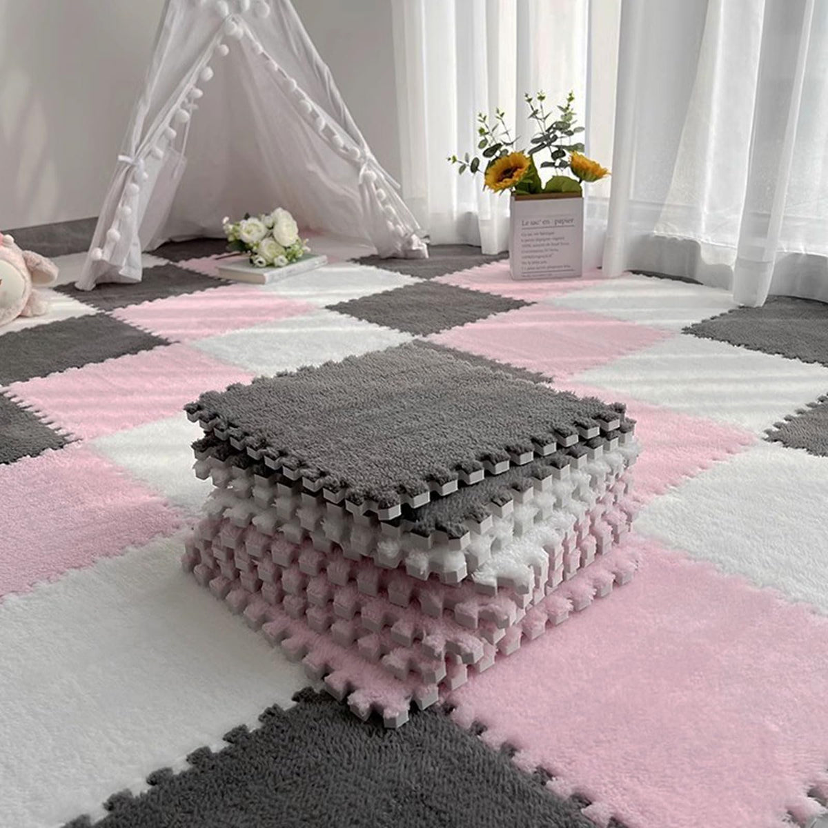 12pcs Plush Puzzle Foam Floor Mat, Soft Thicken Fluffy Interlocking Square Foam Tiles Area Rugs Carpet for Parlor Bedroom Decoration(11.8x11.8x0.55in,Rose Red&Pink)