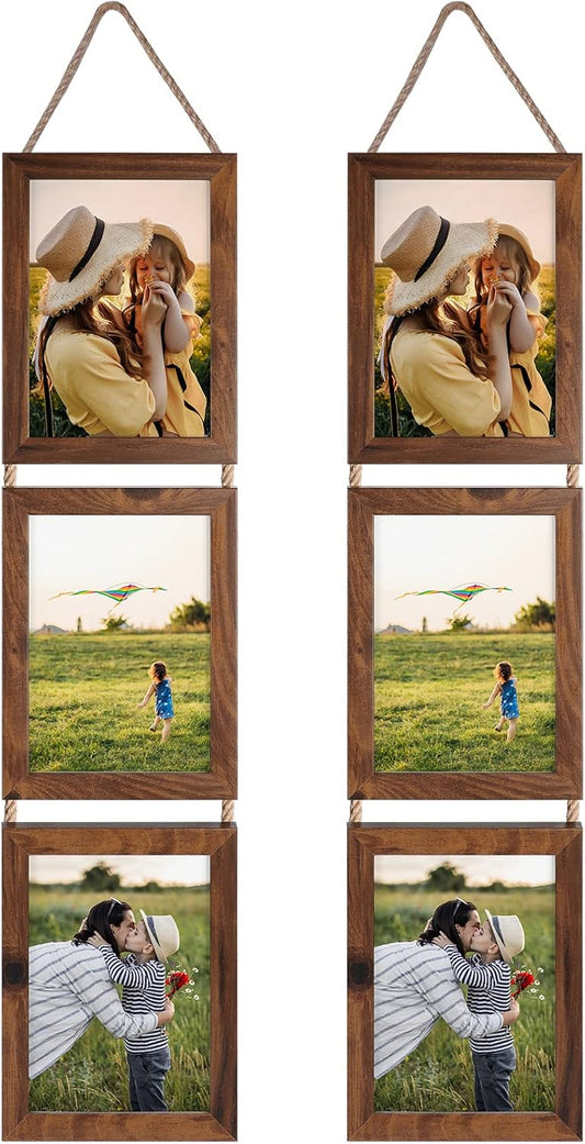 Lavezee 5x7 Collage Triple Picture Frames Set, Walnut Brown 6 Opening Hanging Vertical Frame Made to Display 5 by 7 Inch Photo Print for Wall Decor
