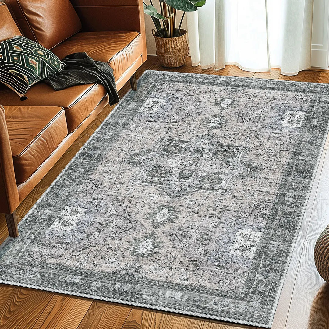 Muddy Mat Antique Washable Area Rugs for Living Room, Bedroom & Dining Room – Modern Soft Low Pile Non Slip Carpet – Pet Friendly Waterproof Foldable Rugs for Home