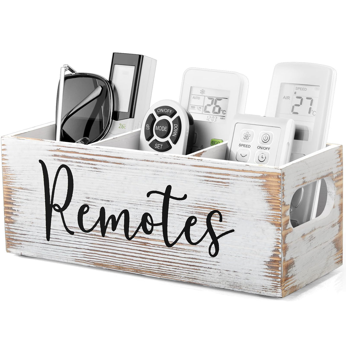 DRASTAR Remote Control Holder, Wood TV Remote Holder, Remote Storage Caddy, Remote Control Organizer (White, 2 Slots)