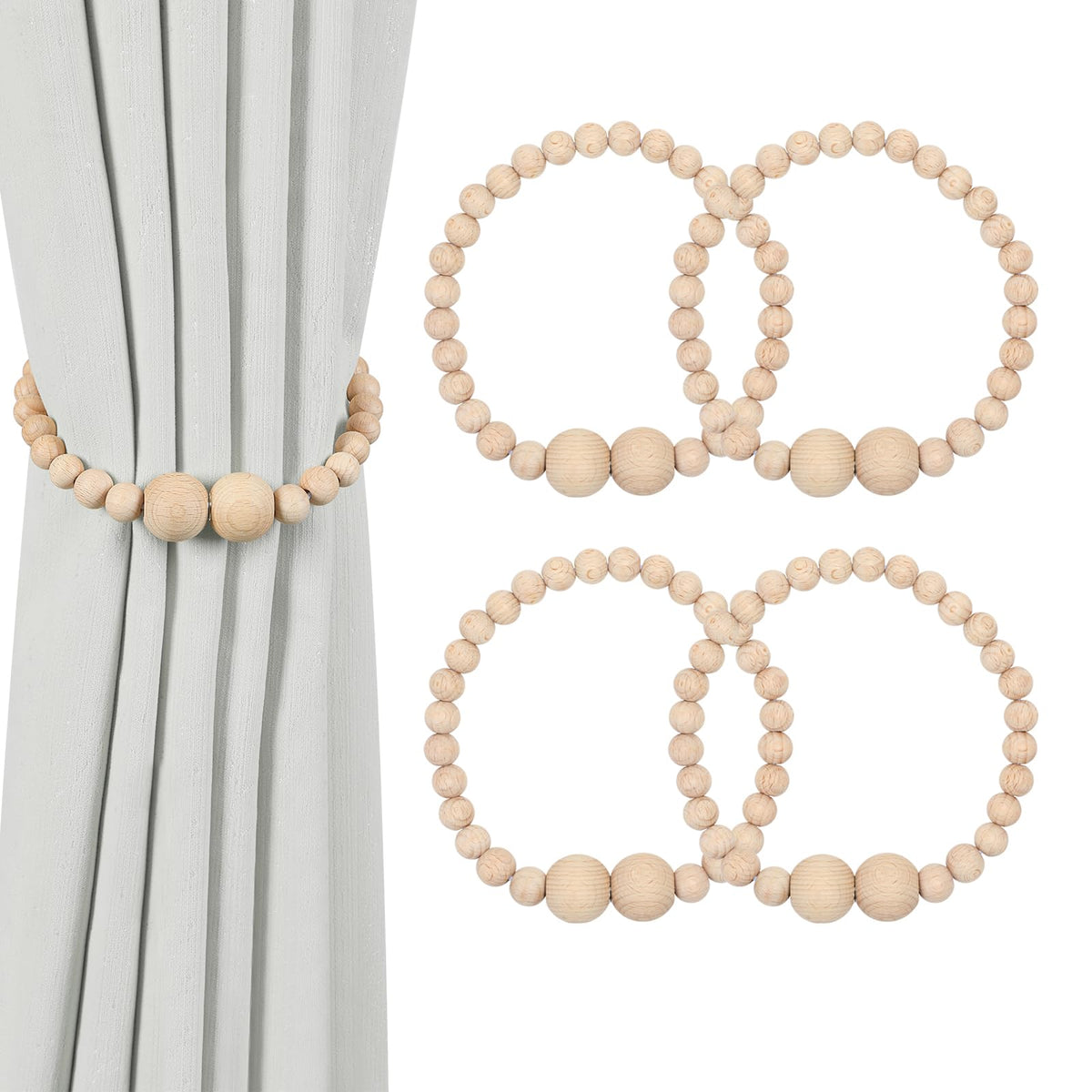 KLOGTSIND Magnetic Curtain Tiebacks, 2 Pack Wood Bead Curtain Holdbacks