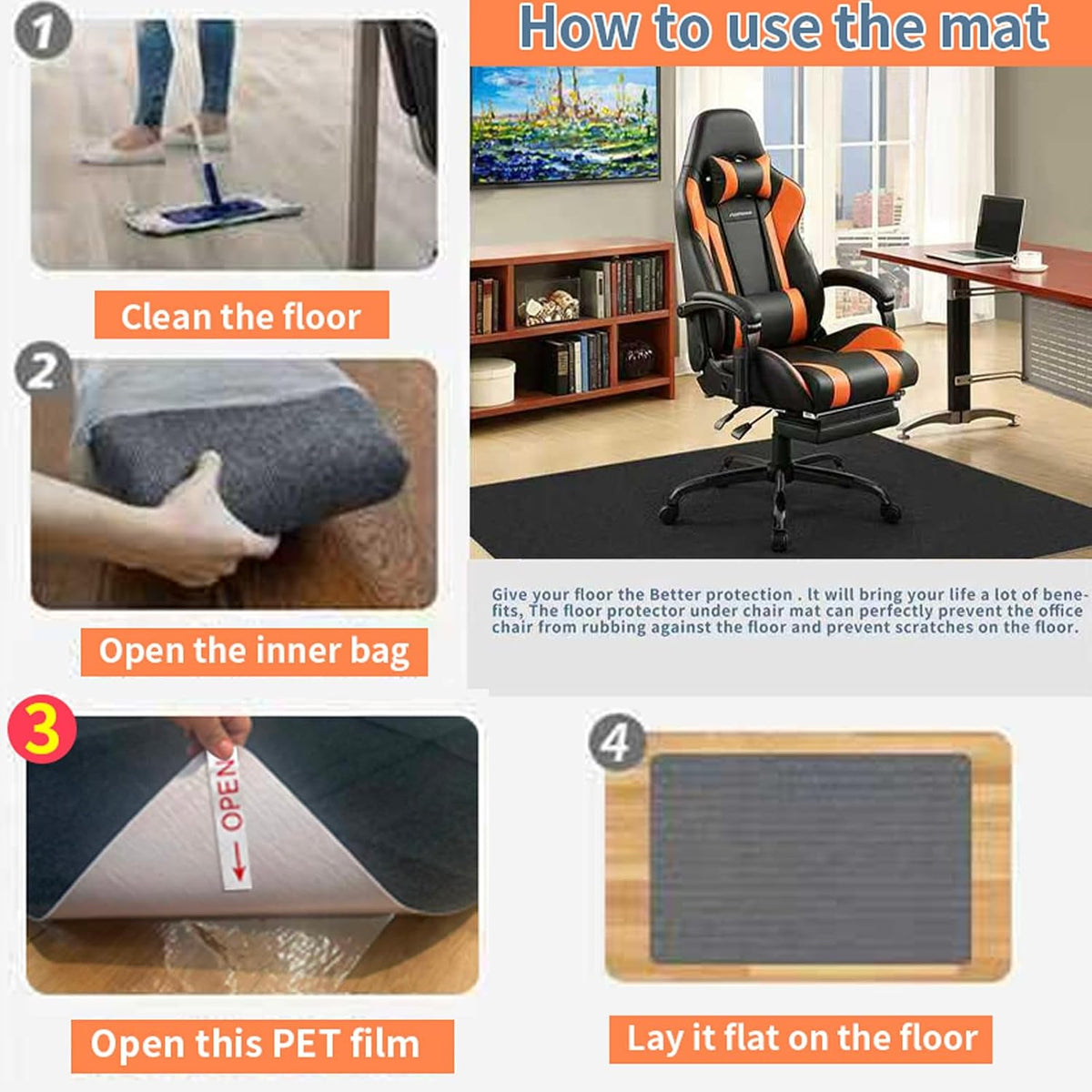 Upgraded Chair Mat for Hardwood & Tile Floor,36"x 55" Desk Chair Mat,Anti-Slip Office Chair Mat, Computer Gaming Floor Mat for Rolling Chair, Under Desk Rug Floor Protector,Easy to Clean,Black