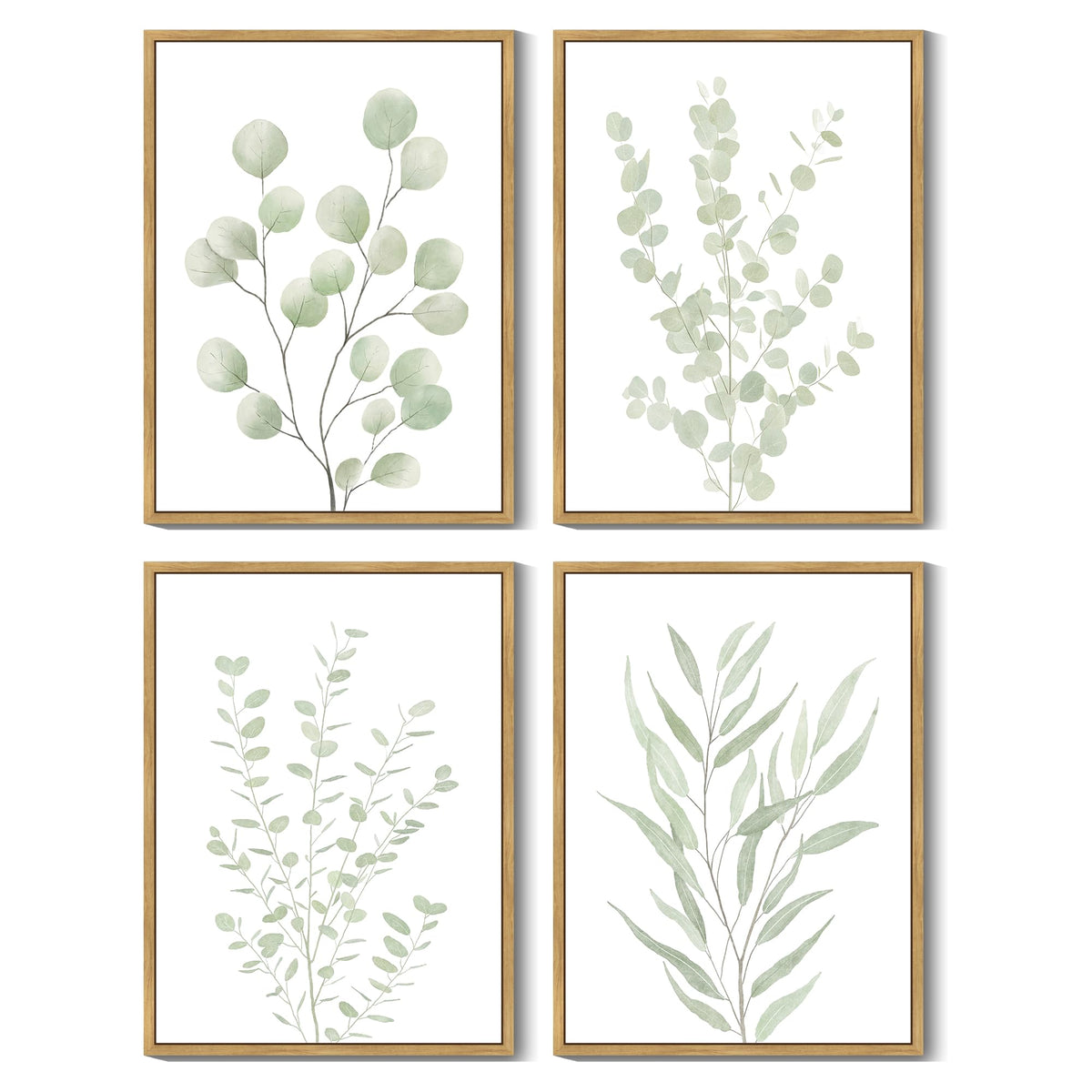 Drsoum Botanical Plant Framed Wall Art Boho Wall Decor for Bathroom Sage Green Eucalyptus Leaf Prints Minimalist Aesthetic Ready to Hang Set of 4, 8x10 in (Natural Framed)