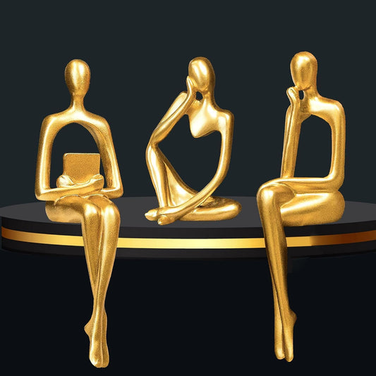Abstract Gold Reading Thinker Statues for Book Shelf Office, Resin,Set of 3