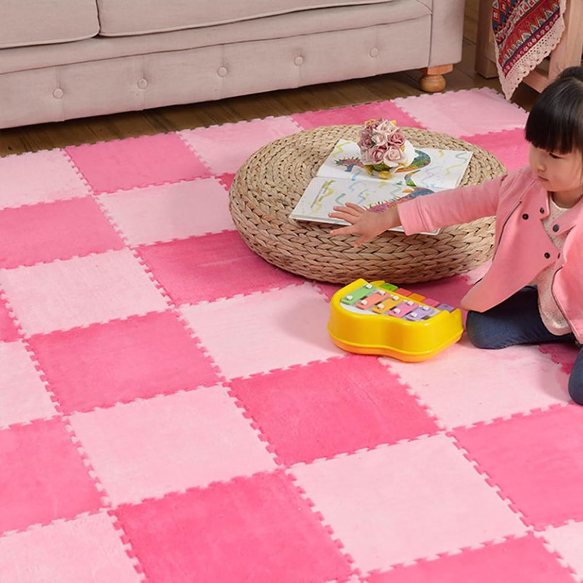 12pcs Plush Puzzle Foam Floor Mat, Soft Thicken Fluffy Interlocking Square Foam Tiles Area Rugs Carpet for Parlor Bedroom Decoration(11.8x11.8x0.55in,Rose Red&Pink)