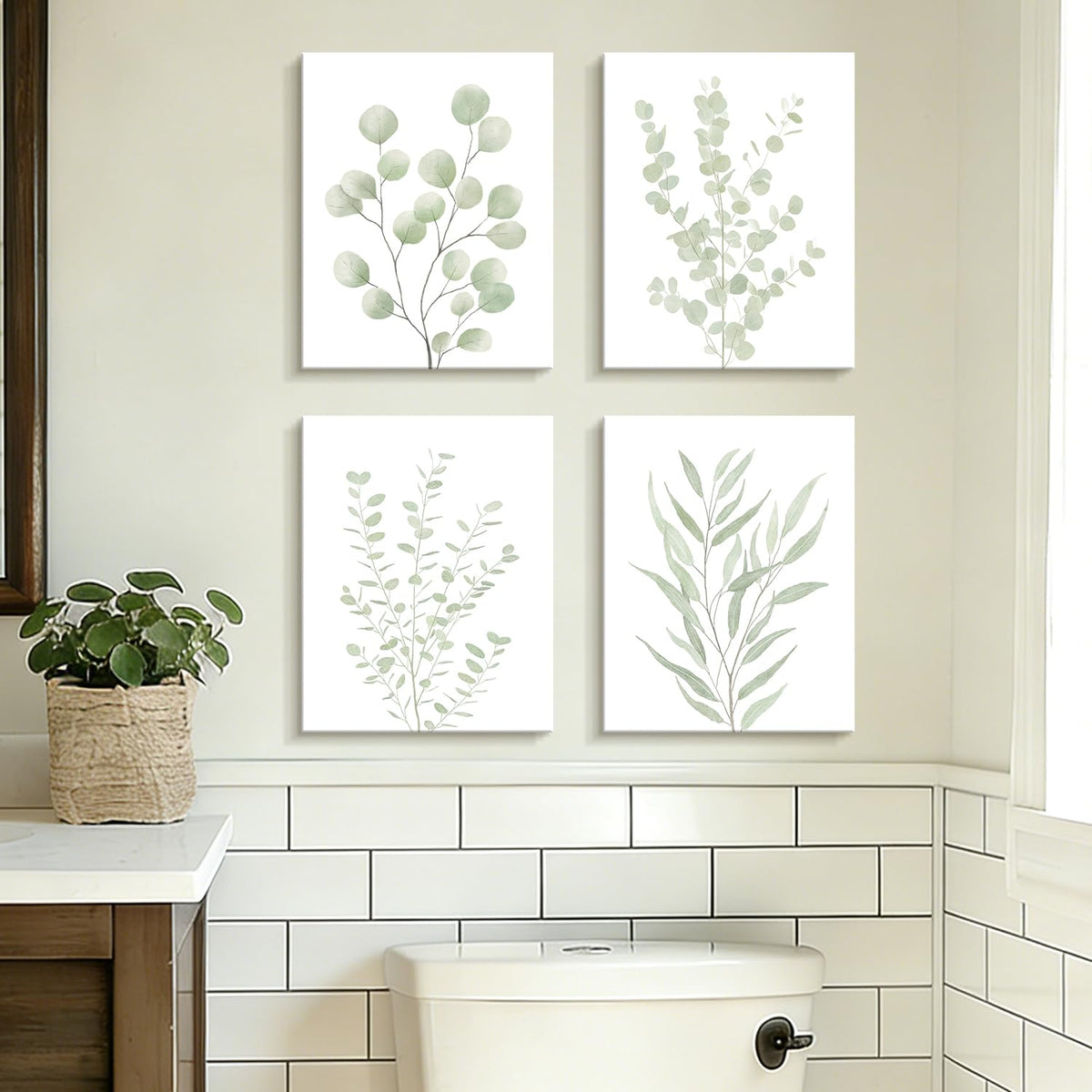 Drsoum Botanical Plant Framed Wall Art Boho Wall Decor for Bathroom Sage Green Eucalyptus Leaf Prints Minimalist Aesthetic Ready to Hang Set of 4, 8x10 in (Natural Framed)