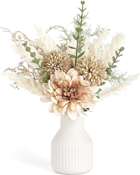 Mkono Fake Flowers in Ceramic Vase, 12.5" Coffee Table Centerpieces, Brown