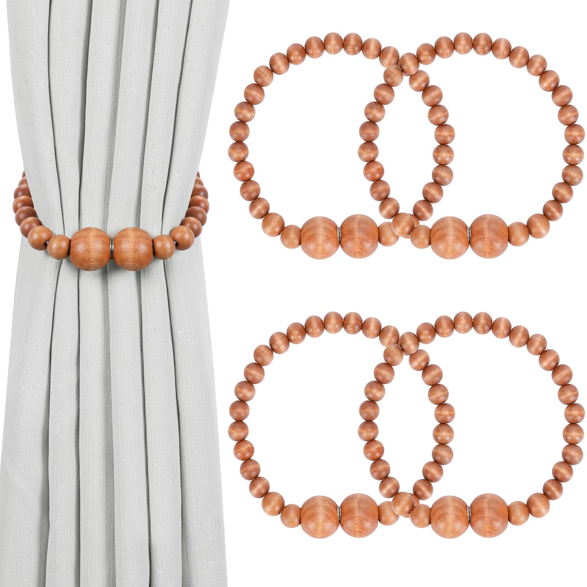 KLOGTSIND Magnetic Curtain Tiebacks, 2 Pack Wood Bead Curtain Holdbacks