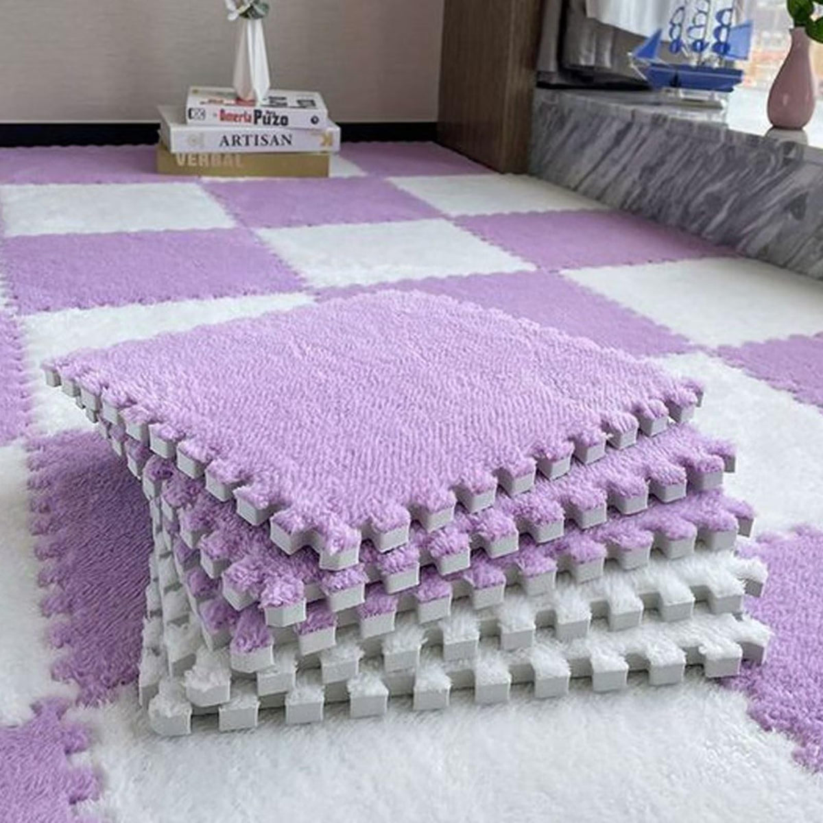 12pcs Plush Puzzle Foam Floor Mat, Soft Thicken Fluffy Interlocking Square Foam Tiles Area Rugs Carpet for Parlor Bedroom Decoration(11.8x11.8x0.55in,Rose Red&Pink)