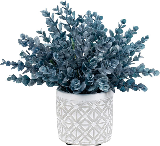 MyGift Artificial Eucalyptus Boxwood Plant, Blue Greenery in Concrete Pot
