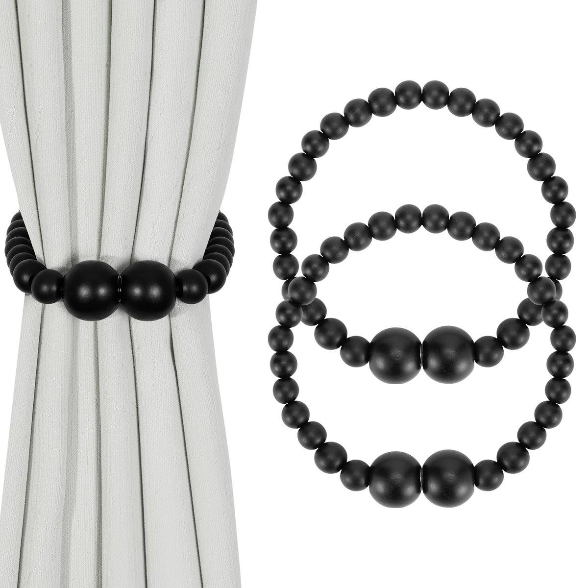 KLOGTSIND Magnetic Curtain Tiebacks, 2 Pack Wood Bead Curtain Holdbacks