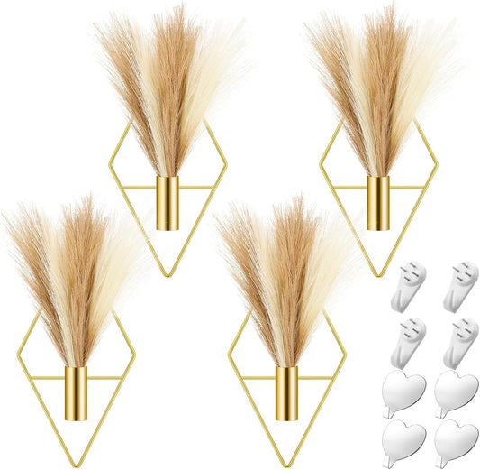 Hanaive 4 Sets Boho Wall Decor Metal Wall Art Hanging Planters with Pampas