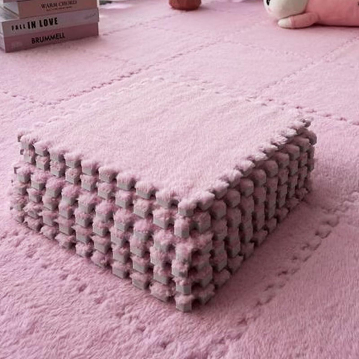 12pcs Plush Puzzle Foam Floor Mat, Soft Thicken Fluffy Interlocking Square Foam Tiles Area Rugs Carpet for Parlor Bedroom Decoration(11.8x11.8x0.55in,Rose Red&Pink)