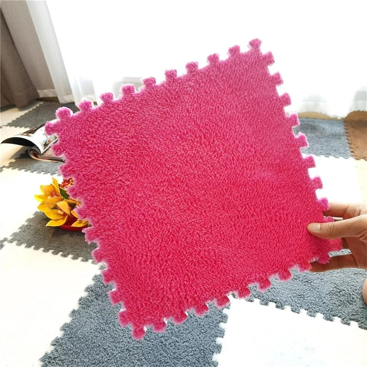 12pcs Plush Puzzle Foam Floor Mat, Soft Thicken Fluffy Interlocking Square Foam Tiles Area Rugs Carpet for Parlor Bedroom Decoration(11.8x11.8x0.55in,Rose Red&Pink)