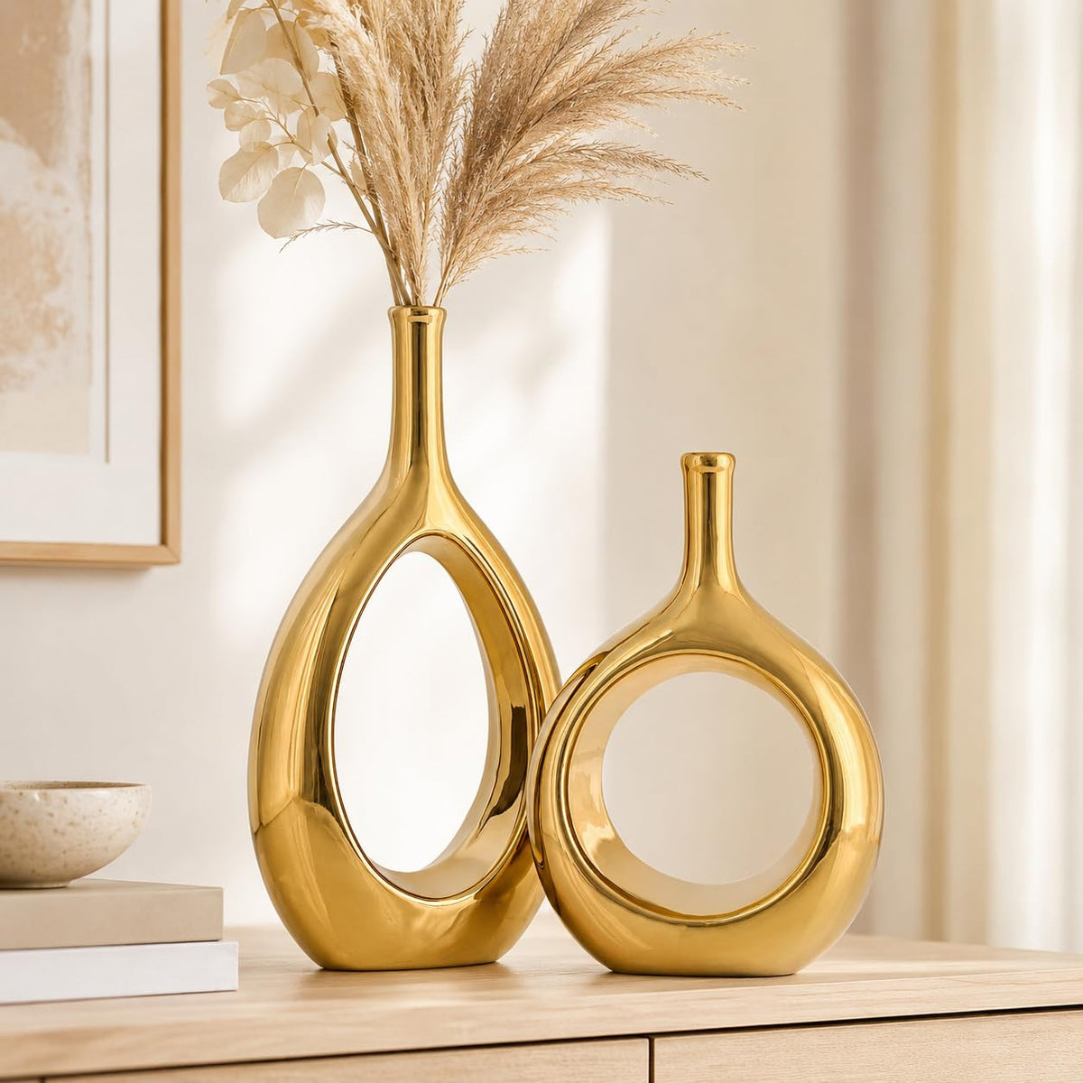 Brushed Gold Ceramic Vase Set 2,Modern Hollow Circle with Hole Flower Vase for Home Decor,for Table Centerpieces,Farmhouse,Fire Place,Living Room,Bedroom,Office,Bookshelf,Rustic Decor
