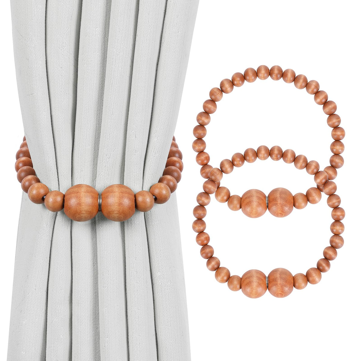 KLOGTSIND Magnetic Curtain Tiebacks, 2 Pack Wood Bead Curtain Holdbacks